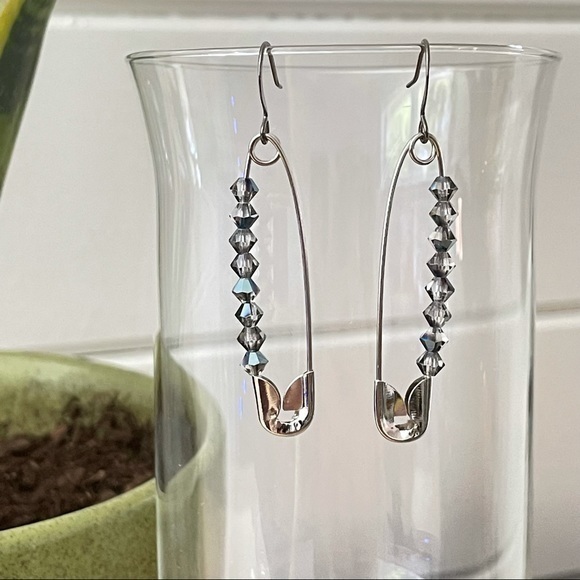 Whimsical Turtle Jewelry - Handmade Grey Swarovski Crystal Safety Pin Earrings Industrial Upcycle Bling